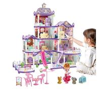 Qukoielly Maison De pour Filles,4 Niveaux 13 Pièces Jouet D'Assemblage Miniature - Villa De Jeu avec 3 Princesses, 2 Chiots Et Accessoires De Meubles,Jeu De Rôle pour Filles De 4 à 6 Ans
