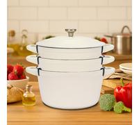 QuliMetal Lot de 5 casseroles en fonte émaillée empilables de 25,4 cm pour économiser de l'espace - Cocotte - Poêle à frire - Poêle à griller - Avec 2 couvercles universels - Cocotte polyvalente en
