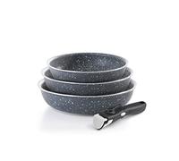 Qulinart by Brandt - Batterie de Cuisine à Induction 4 Pièces - Set de 3 Poêles en Aluminium Anti-Adhésives 20, 24 et 28 cm avec Poignée Amovible - Lot pour Tout Feu - Gris Marbre