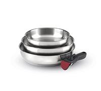 Qulinart by Brandt - Batterie de Cuisine à Induction 4 Pièces - Set de 3 Poêles en Inox 20, 24 et 26 cm avec Poignée Amovible - Acier Inoxydable - Lot pour Tout Feu - Sans PFOA - Argenté