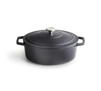 Qulinart by Brandt - Cocotte en Fonte d'Acier Forme Ovale 30 cm - Répartition Lente et Uniforme de la Chaleur - Cuisson Optimale - Couvercle à Condensation - Noir Mat