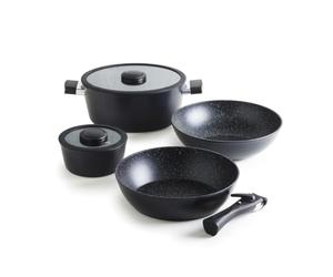 Qulinart by Brandt - Pack de Cuisine Empilable en Aluminium Forgé - 5 Pièces avec Poignée Amovible, Casseroles 16 et 28 cm, Poêle et Wok 28 cm - Noir