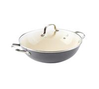 Qulinart Wok en fonte d'aluminium super anti-adhésif anti-rayures sans PFOA avec Couvercle en Verre - tous feux dont induction, passe au lave-vaisselle - Gris Foncé, 30 cm