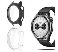 QULLOO 2 Pièces Coque pour Xiaomi mi Watch S4 Protection Écran, Dur PC Matériel étui de Protection Complète Case de Verre Trempé pour Xiaomi Watch S4, Noir + Transparent