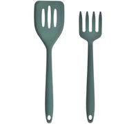 QUMIIRITY Ensemble 2 Pièces Ustensiles Cuisine Silicone Vert Foncé, Fourchette Multifonction Taille Moyenne Spatule de Friture Ergonomique, Outil Antiadhésif pour Cuisson Quotidienne et Wok