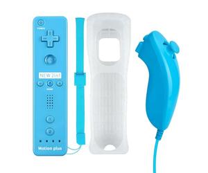 QUMOX 2 en 1 Manette pour Wii, Manette Nunchuck, Contrôleur Télécommande, Console Remplacement, Built in Motion Plus, avec Etui de Protection en Silicone pour Wii et Wii U Bleu