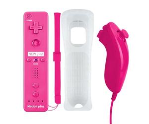 QUMOX 2 en 1 Manette pour Wii, Manette Nunchuck, Contrôleur Télécommande, Console Remplacement, Built in Motion Plus, avec Etui de Protection en Silicone pour Wii et Wii U Rose