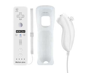 QUMOX 2 en 1 Manette pour Wii, Manette Nunchuck, Contrôleur Télécommande, Console Remplacement, Built in Motion Plus, avec Etui de Protection en Silicone pour Wii et Wii U Blanc