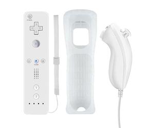 QUMOX Manette pour Wii, Controleur de Mouvement à Distance, Télécommande et Nunchuk, Console Remplacement Compatibles avec Wii et Wii U avec Etui de Protection en Silicone Blanc
