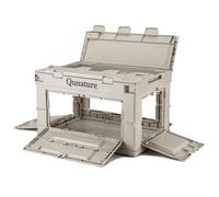 Qunature Boîte Camping Pliable 26L/55L/60L Caisse Rangement 5 Voies Ouvertures avec Couvercle Bois Planche comme Billot Table Voyage Famille Coffre Voiture PP Blanc Charge Interne 30kg Externe 50kg
