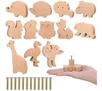 Qunclay Lot de 12 boutons d'armoire en bois en forme d’animaux marins et de la forêt, boutons décoratifs de commode en bois avec vis, poignées de tiroir de chambre d'enfant pour la décoration