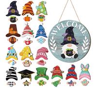 Qunclay Nain de Noël en bois interchangeable avec pièces aimantées et chapeaux amovibles - Panneau de bienvenue interchangeable pour la maison (style bleu)