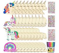 Qunkun Kit de bricolage licorne en bois - 55 pièces - Kit de bricolage pour anniversaire d'enfant - Kit de bricolage créatif pour enfants - Kit de bricolage licorne avec crayon aquarelle et