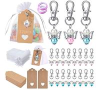 Qunkun Lot de 32 Porte-clés Ange Gardien + 32 pendentifs en Papier Kraft + 32 sachets en Organza Blanc + 2 Rouleaux de Rubans Roses pour Anniversaire, baptême, Mariage, Communion, fête