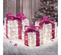 Quntis Cadeau Lumineux Noël 140 LEDs, 3Pcs Boîtes cadeaux Lumineuses avec Nœuds Rose, Coffret Cadeau Décoration Noël avec Guirlande Lumineuse Blanc Chaud, Déco Noël Intérieur pour Maison Arbre de Noël