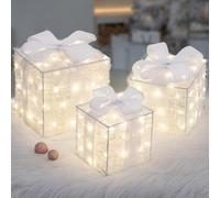 Quntis Cadeau Lumineux Noël 140 LEDs, Lot de 3 Boîtes Cadeaux Lumineuses avec Nœuds Papillion, Cadeau Décoration Noël avec Guirlande Lumineuse Blanc Chaud, Figurine Déco Noël Intérieur pour Fête