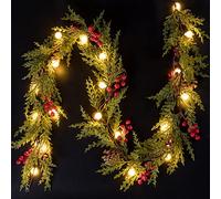 Quntis Guirlande de Noël Lumineuse Avec Minuteur - 8 Modes, 175cm, 20 Boules LED, Baies Rouges, Pommes de Pin, Grelot - Décoration Pour Sapin Artificiel, Mur, Cheminée, Escalier
