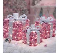 Quntis LED Boîtes Cadeaux Lumineuses de Noël, Minuterie, 8 Éclairages, Emballages de Coffrets Cadeaux Décoratives Intérieur, Décoration Lumineuse Originale de Noël Lumière Blanc Chaud, Rose