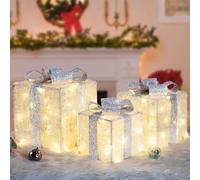 Quntis LED Grandes Boîtes Cadeaux Lumineuses Noël Blanc Chaud Nœud Argentée