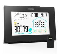 Quntis Station Météo,5”LED Capteur Large Thermomètre Hygromètre Numériques,Alarme Horloge, sans Fil Intérieur Extérieur avec Fonction Snooze Affichage Heure Date Jour-Noir