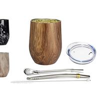 QUNUNOIRE-Nouveau Ensemble Moderne Yerba Mate Gourd (Coupe Mate) 355ml, Acier Inoxydable 18/8 à Double Paroi, Comprend Deux Bombillas et Une Brosse de Nettoyage Bois