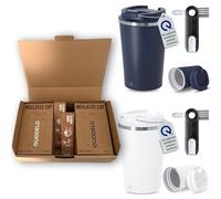 Quodelo Lot de 2 verres isothermes à café avec intérieur en céramique 350 ml - Tasse anti-déversement sans BPA à transporter et brosse de nettoyage 3 en 1