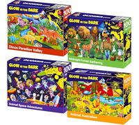 QUOKKA Grand Puzzle 100 Pièces Enfant 4 5 Ans - Lot de 4 Cadre Animaux Puzzle 6 7 8 Ans Garçons et Filles - Brille dans Le Noir Jeux avec Espace Dinosaures Animaux - Jeux Éducatif Cadeau Enfant