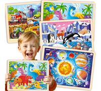 QUOKKA Puzzle Bois Enfant 3 4 5 Ans - 4x36 Pièces Puzzle Animaux Montessori - Jeux Éducatif avec Espace Dino Transport et Animaux Polaires - Cadeau pour Garçons et Filles 6 7 8 Ans