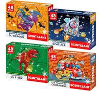 QUOKKA Puzzles Scintillants pour Enfants de 4 à 6 Ans - Puzzles de 48 Pièces en Forme de Dragon - de Fusée - de Camion de Pompier et de Dinosaure - Cadeau Unique pour Enfants