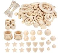 Quorumsg 164 Pièces Perles en Bois Naturel, Perle en Bois Macramé | Boules en Boiss avec Trou Perles Rondes Coeur Etoile Octogone, pour Bricolage, Artisanat et Macramé avec Corde