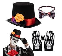 Quorvex Ensemble d'accessoires d'Halloween pour homme | Costume de squelette d'Halloween - Costumes à motif de roses pour homme, chapeaux pour adultes, jour des morts