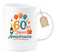 quotedazur Café-Croissant - Mug 60 Ans Joyeux Anniversaire - Cadeau Tasse Spécial Femme Élégante - Blanc/céramique