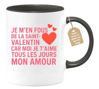 quotedazur Café-Croissant - Mug Amour - Tasse Romantique Idée Message Je M'en Fous De La Saint-valentin Homme Femme - Cadeau Original Pour Couple Amoureux Petit Ami Copain Copine Mari - Noir/céramiq