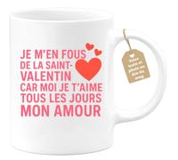 quotedazur Café-Croissant - Mug Amour - Tasse Romantique Idée Message Je M'en Fous De La Saint-valentin Homme Femme - Cadeau Original Pour Couple Amoureux Petit Ami Copain Copine Mari - Blanc/cérami
