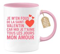 quotedazur Café-Croissant - Mug Amour - Tasse Romantique Idée Message Je M'en Fous De La Saint-valentin Homme Femme - Cadeau Original Pour Couple Amoureux Petit Ami Copain Copine Mari - Rose/céramiq