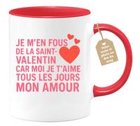 quotedazur Café-Croissant - Mug Amour - Tasse Romantique Idée Message Je M'en Fous De La Saint-valentin Homme Femme - Cadeau Original Pour Couple Amoureux Petit Ami Copain Copine Mari - Rouge/cérami
