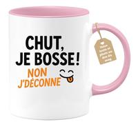 quotedazur Café-Croissant - Mug Humour Collègue Cadeau Travail - Tasse Chut Je Bosse Non Je Déconne - Rose/céramique