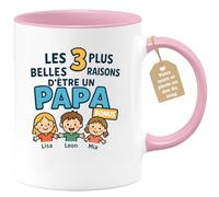 quotedazur Café-Croissant - Mug Les 3 Plus Belles Raisons D'être Un Papa Bonus : Lisa, Leon, Mia - Rose/céramique