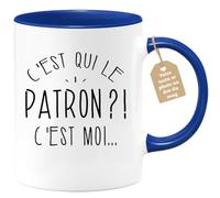 quotedazur Café-Croissant - Mug Personnalisable Texte Photo Humour C'Est Qui Le Patron - Cadeau Noël Original Drôle Chef Tasse Homme - Bleu/Céramique