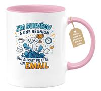 quotedazur Café-Croissant - Mug Personnalisable Texte Photo Tasse Cadeau Noël J'Ai Survécu À Une Réunion Qui Aurait Pu Être Un Email - Rose/Céramique
