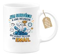 quotedazur Café-Croissant - Mug Personnalisable Texte Photo Tasse Cadeau Noël J'Ai Survécu À Une Réunion Qui Aurait Pu Être Un Email - Blanc/Céramique