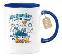 quotedazur Café-Croissant - Mug Personnalisable Texte Photo Tasse Cadeau Noël J'Ai Survécu À Une Réunion Qui Aurait Pu Être Un Email - Bleu/Céramique