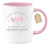 quotedazur Café-Croissant - Mug Personnalisable Texte Photo Tasse Cadeau Noël Les Mains Qui Accueillent La Vie Appartiennent À Une Sage- Femme Géniale - Rose/Céramique