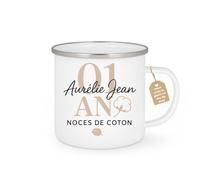 quotedazur Café-Croissant - Mug Personnalisé 01 An Noces De Coton Aurélie Jean Cadeau Spécial Tasse Pour Noël 1 Mariage - Blanc/Émaillé