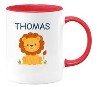 quotedazur Café-Croissant - Mug Personnalisé Cadeau Noël Enfant Lion Jungle Savane - Tasse Personnalisable Avec Texte - Rouge/Céramique