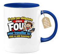 quotedazur Café-Croissant - Mug Personnalisé Collègue Travail - Il N'est Pas Obligatoire D'être Fou Pour Travailler Ici Mais Ça Aide Beaucoup ! - Cadeau Pot De Départ, Stagiaire, Manager, Secret Sant