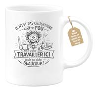 quotedazur Café-Croissant - Mug Personnalisé Collègue Travail - Il N'est Pas Obligatoire D'être Fou Pour Travailler Ici Mais Ça Aide Beaucoup ! - Cadeau Pot De Départ, Stagiaire, Manager, Secret Sant