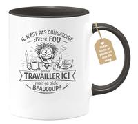 quotedazur Café-Croissant - Mug Personnalisé Collègue Travail - Il N'est Pas Obligatoire D'être Fou Pour Travailler Ici Mais Ça Aide Beaucoup ! - Cadeau Pot De Départ, Stagiaire, Manager, Secret Sant