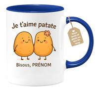 quotedazur Café-Croissant - Mug Personnalisé Je T'Aime Patate Bisoux, Prénom Message Tendre Et Affectueux Cadeau Noël Tasse Pleine D'Amour Douceur - Bleu/Céramique