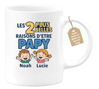 quotedazur Café-Croissant - Mug Personnalisé Les 2 Plus Belles Raisons D'Être Papy Noah Et Lucie Cadeau Tasse Pour Noël Grand-Père Précieux Futur Papou Pépé - Blanc/Céramique